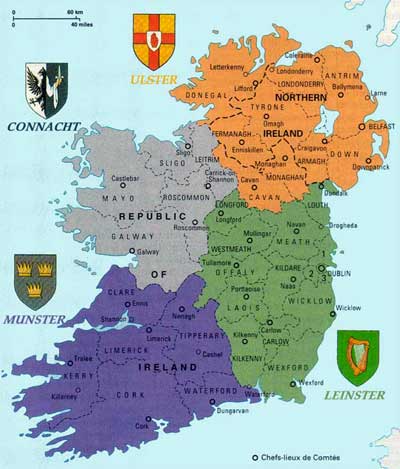 L'île d'Irlande a gardé, malgré la partition, sa structure originelle héritée des temps celtiques, en provinces et comtés